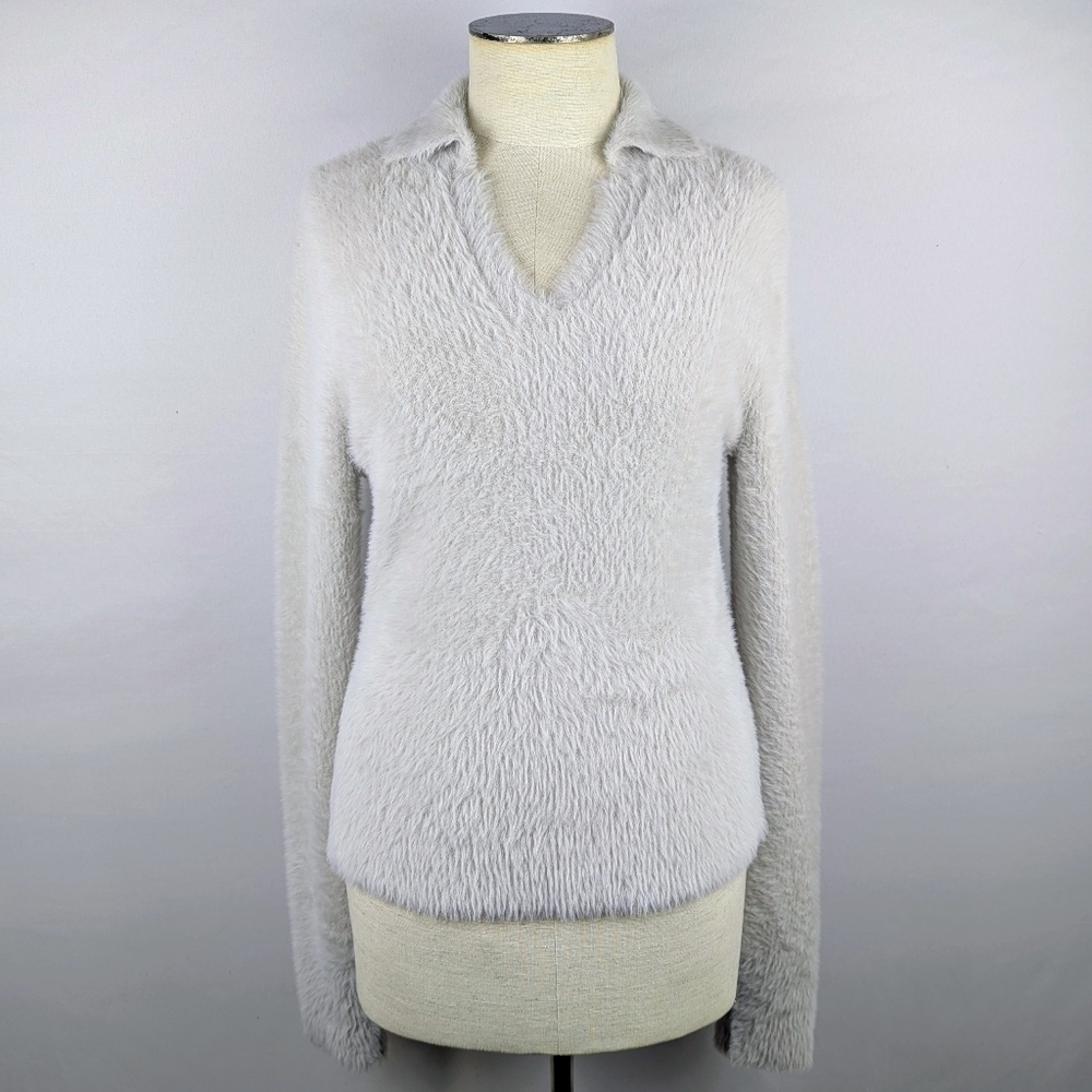 Vince Eyelash Polo Sweater Long Sleeve Soft FuzzyTexture Light Birch Stone M NWT